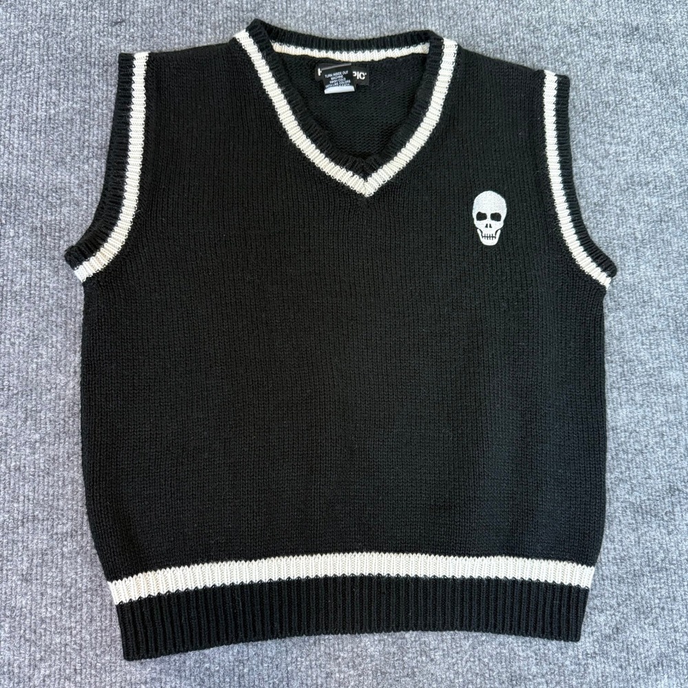 Hot Topic Black Skull V Neck‎ Sweater Vest XS Striped Trim Gothic Punk Alt Wear